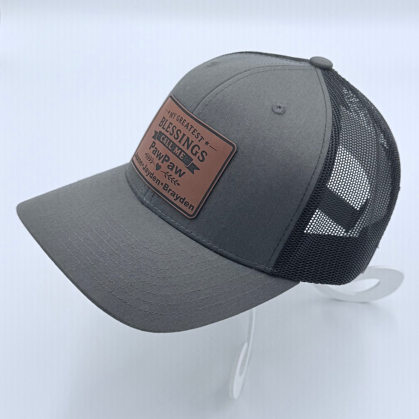Personalized Grandpa Hat – Custom Richardson 112 Leather Patch Trucker Hat