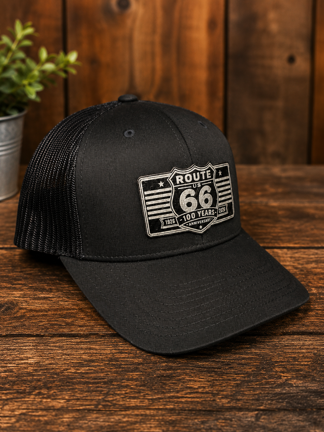 Route 66 100 Year Anniversary Leather Patch Trucker Hat